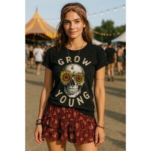 New Element  Vneck Women’s L Graphic T-Shirt Black Grow Young Skull Sunflower